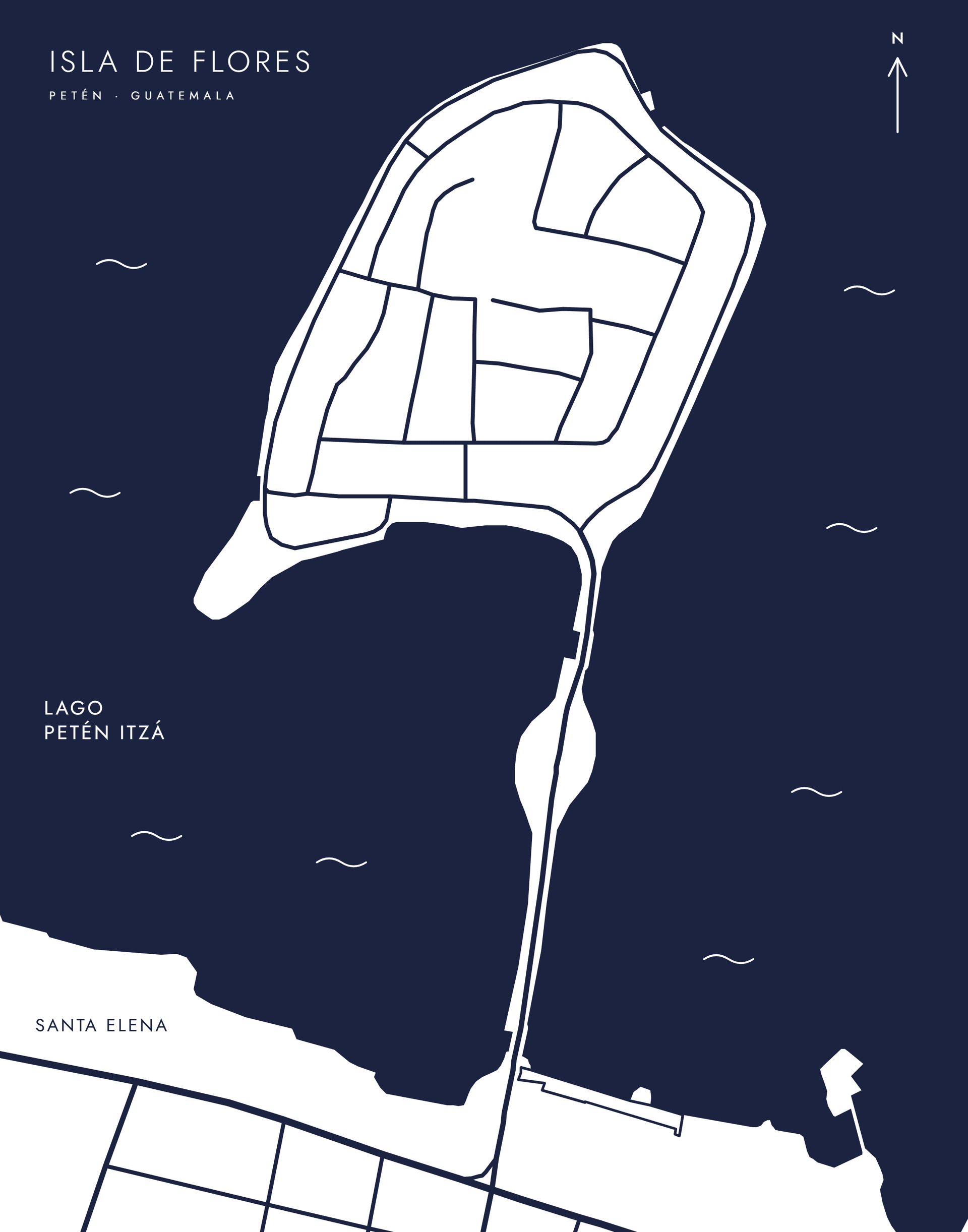 Mapa ilustrado de Isla de Flores, su puente y Santa Elena, junto al lago Petén Itzá.